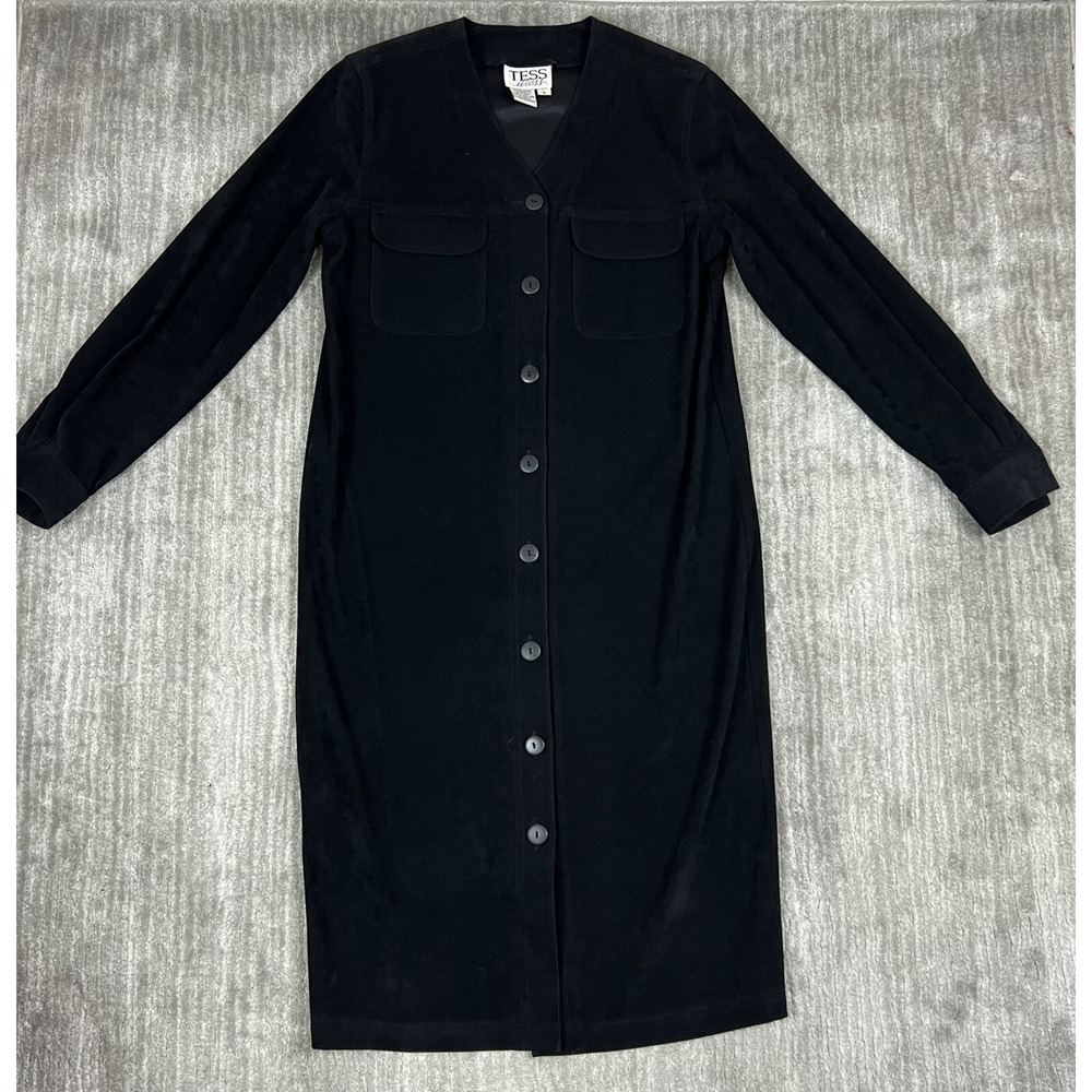 Tess Dress Midi Dress Womens 8 Black Faux Suede Button Front Long Sleeve V-Neck